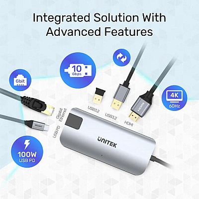 UNITEK uHUB P5+ – תחנת הרחבה 5-ב-1 ל-USB-C עם HDMI, רשת Gigabit ו-Power Delivery 100W (D1028A) UNITEK uHUB P5+ – תחנת הרחבה 5-ב-1 ל-USB-C עם HDMI, רשת Gigabit ו-Power Delivery 100W (D1028A)