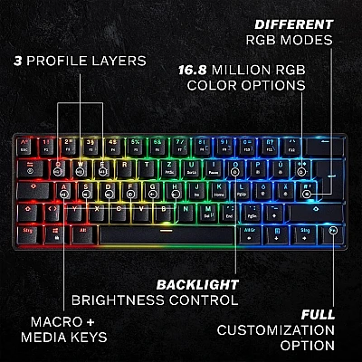 מקלדת גיימינג מכנית חוטית מוקטנת 60% חברת HK GAMING דגם GK61 הסוויצ'ים צהובים בצבע שחור