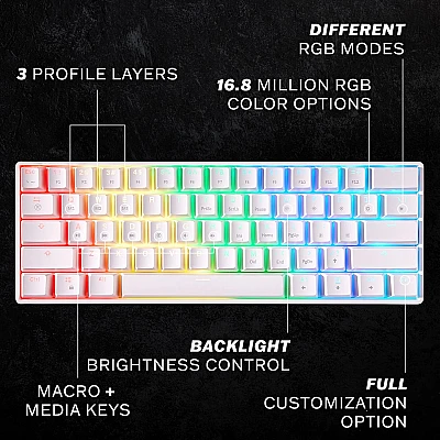 מקלדת גיימינג מכנית חוטית מוקטנת 60% חברת HK GAMING דגם GK61 הסוויצ'ים צהובים בצבע לבן