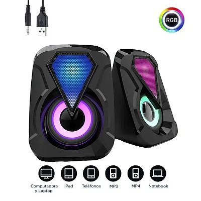 רמקולים לגיימינג Jack 3.5 מ"מ + USB KIDO GAME דגם E-1053 עם תאורת RGB – סט 2.0 למחשב