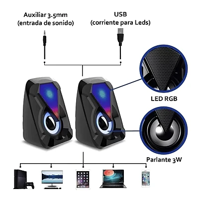 רמקולים לגיימינג Jack 3.5 מ"מ + USB KIDO GAME דגם E-1053 עם תאורת RGB – סט 2.0 למחשב