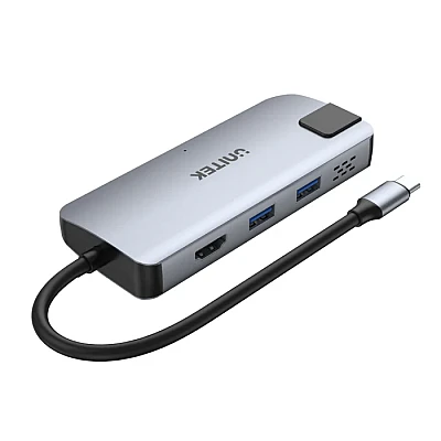 UNITEK uHUB P5+ – תחנת הרחבה 5-ב-1 ל-USB-C עם HDMI, רשת Gigabit ו-Power Delivery ‎100W (D1028A)