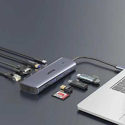 UNITEK uHUB 9-ב-1 ל-USB-C עם תצוגה כפולה, קוראי כרטיסים, PD 100W ורשת Gigabit (D1113A) UNITEK uHUB 9-ב-1 ל-USB-C עם תצוגה כפולה, קוראי כרטיסים, PD 100W ורשת Gigabit (D1113A)