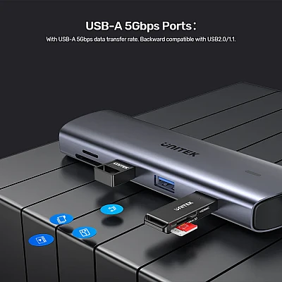 UNITEK uHUB 9-ב-1 ל-USB-C עם תצוגה כפולה, קוראי כרטיסים, PD 100W ורשת Gigabit (D1113A) UNITEK uHUB 9-ב-1 ל-USB-C עם תצוגה כפולה, קוראי כרטיסים, PD 100W ורשת Gigabit (D1113A)