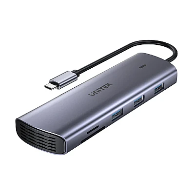 UNITEK uHUB 9-ב-1 ל-USB-C עם תצוגה כפולה, קוראי כרטיסים, PD ‎100W ורשת Gigabit (D1113A)