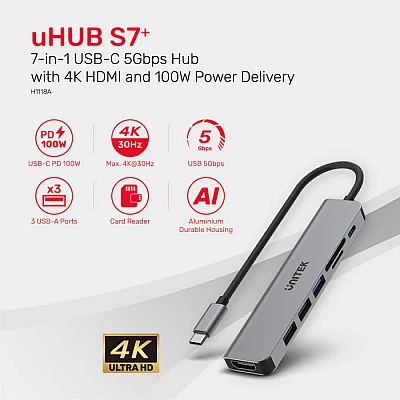 uHUB S7+ – מפצל USB-C 7-ב-1 עם HDMI 4K ו-PD 100W (UNITEK H1118A) uHUB S7+ – מפצל USB-C 7-ב-1 עם HDMI 4K ו-PD 100W (UNITEK H1118A)