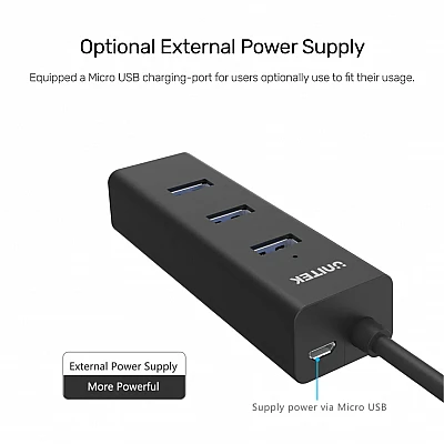 UNITEK רכזת USB 3.0 – 4 יציאות (Y-3089) עם הזנת כוח אופציונלית