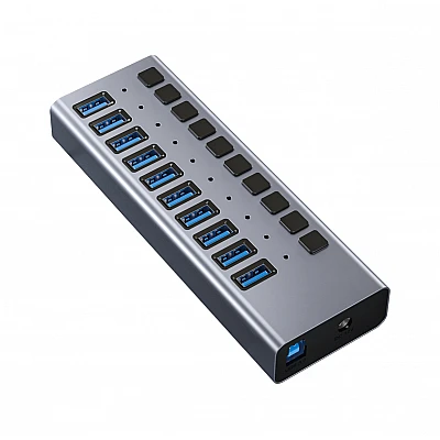 Protec - מפצל 10 פורט איכותי USB 3.0 כולל מפסק דגם DM283