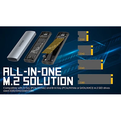 Unitek S1230A מארז לכונן M.2 NVMe/SATA 10Gbps Unitek S1230A מארז לכונן M.2 NVMe/SATA 10Gbps