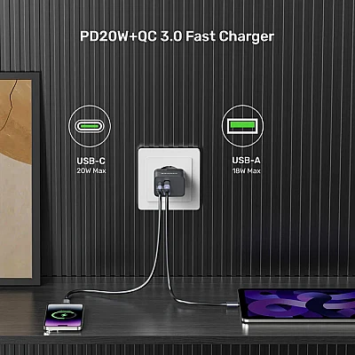 UNITEK מטען קיר 20W דו-יציאות (USB-C PD + USB-A QC) – קומפקטי צבע לבן