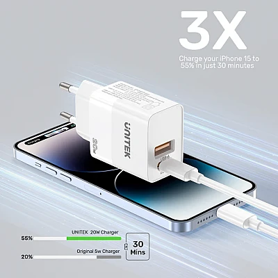UNITEK מטען קיר 20W דו-יציאות (USB-C PD + USB-A QC) – קומפקטי צבע לבן