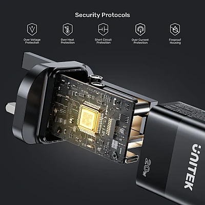 UNITEK מטען קיר 20W דו-יציאות (USB-C PD + USB-A QC) – קומפקטי צבע לבן