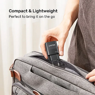 UNITEK מטען קיר 20W דו-יציאות (USB-C PD + USB-A QC) – קומפקטי צבע לבן