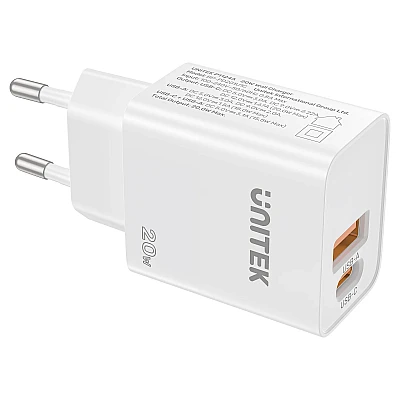 UNITEK מטען קיר 20W דו-יציאות (USB-C PD + USB-A QC) – קומפקטי צבע לבן