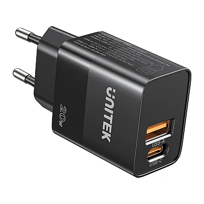 UNITEK מטען קיר 20W דו-יציאות (USB-C PD + USB-A QC) – קומפקטי צבע שחור