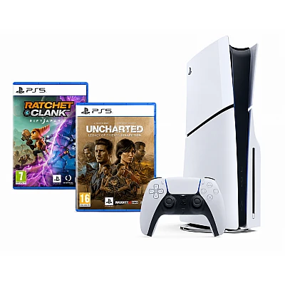 קונסולת PlayStation 5 Slim Standard Disc 1TB + Ratchet & Clank: Rift Apart + UNCHARTED: Legacy of Thieves Collection – יבואן רשמי קונסולת PlayStation 5 Slim Standard Disc 1TB + Ratchet & Clank: Rift Apart + UNCHARTED: Legacy of Thieves Collection – יבואן רשמי