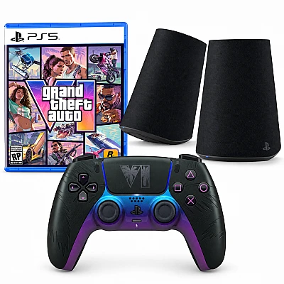 Grand Theft Auto VI ל-PS5 + בקר DualSense GTA VI שחור + רמקולים PULSE Elevate שחורים